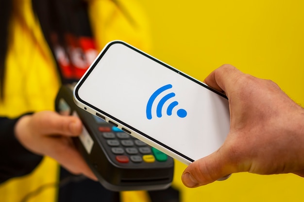 Tecnologia NFC. Un acquirente maschio tiene in mano uno smartphone con pagamento wireless. Il venditore tiene in mano un terminale di pagamento.