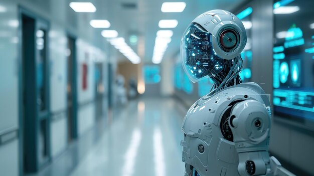 Tecnologia ospedaliera basata sull'intelligenza artificiale che assomiglia a un umanoide robotico