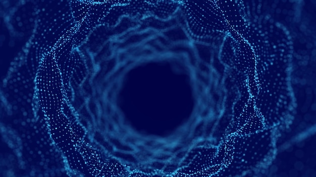 Tecnologia tunnel wireframe su sfondo blu griglia di wormhole 3D futuristica visualizzazione di grandi dati rendering 3D