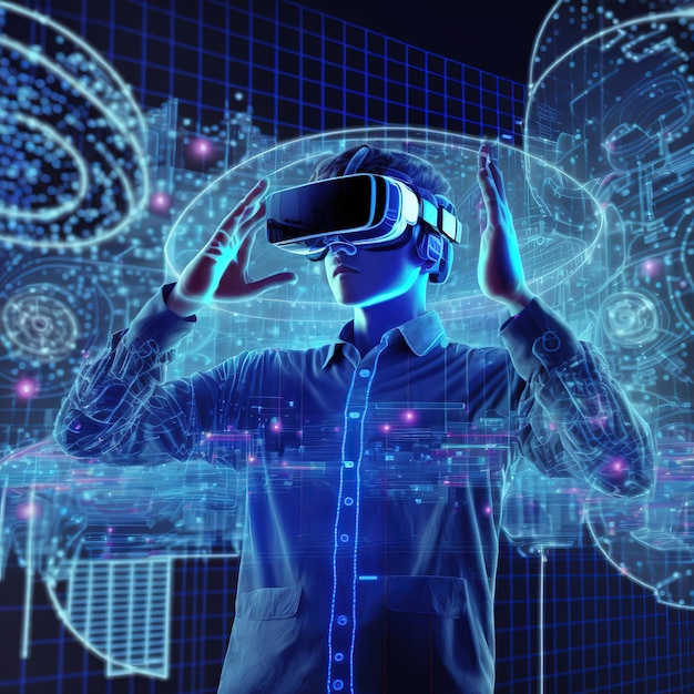 Tecnologia VR nell'uomo industriale in occhiali virtuali illustrazione 3d