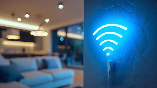 Tecnologia WiFi con grande icona Wi-Fi blu Concetto di accessibilità della tecnologia Internet wireless