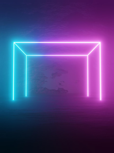 Tecnologiche e futuristiche forme al neon astratte blu e viola su sfondo nero su materiale riflettente con spazio vuoto per testo Illustrazione 3D Rendering Concetto di spazio di copia