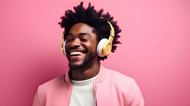 Tecnologie per il divertimento Hipster afroamericano allegro che ascolta musica con cuffie wireless su uno sfondo rosa AI generativa