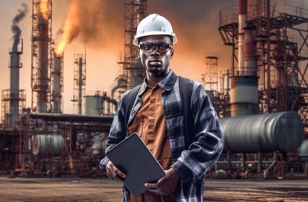 Tecnologo Black Man con laptop o tablet Industria petrolifera Ragazzo vicino alla costruzione di un piano Tecnologo della raffineria di petrolio Ai generativo