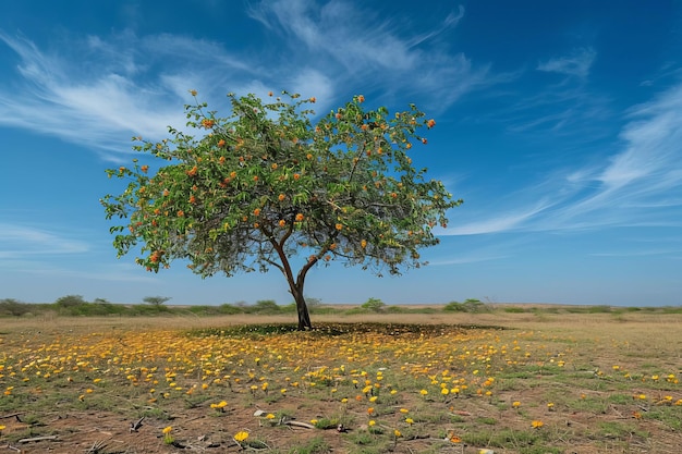 tecomilla o albero rohida con fiori caduti a terra nel cielo blu nei campi desertici