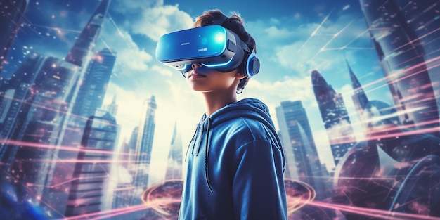 Teen Generation Alpha indossa l'auricolare VR in un'esperienza di gioco coinvolgente