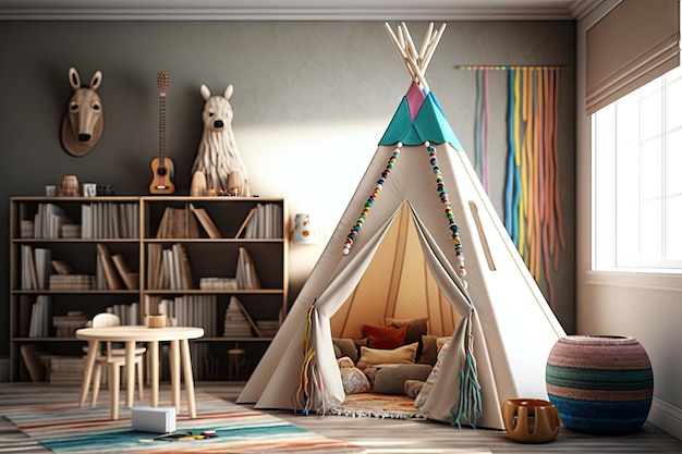 Teepee nella sala giochi con libri di giocattoli e divertimento per i bambini