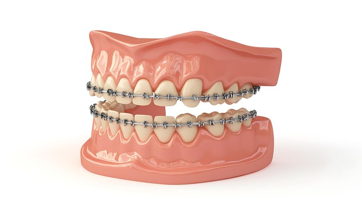 Teeth Model with Orthodontic Braces Brackets and Wires Dental Illustration