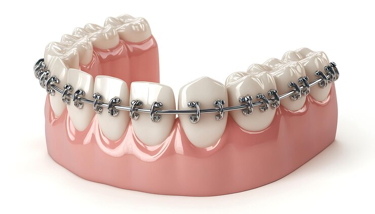 Teeth Model with Orthodontic Braces Brackets and Wires Dental Illustration