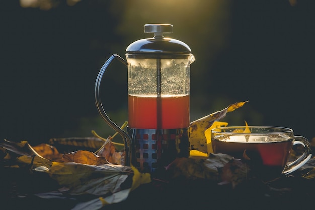 Teiera con tè e tazza vicino alle foglie d'autunno