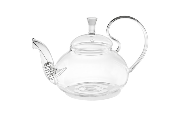 Teiera di vetro per la preparazione del tè isolata su sfondo bianco
