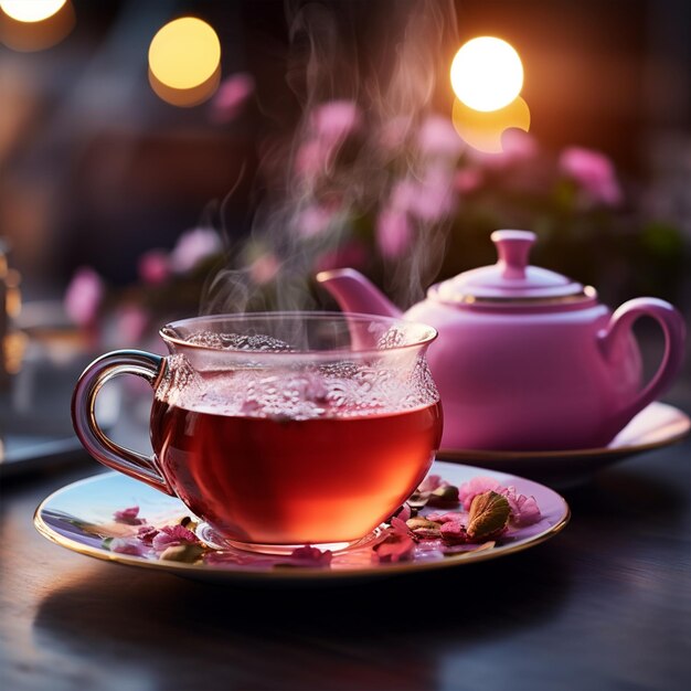 Teiera e tazza di tè vaghe sul primo piano rosa della tavola