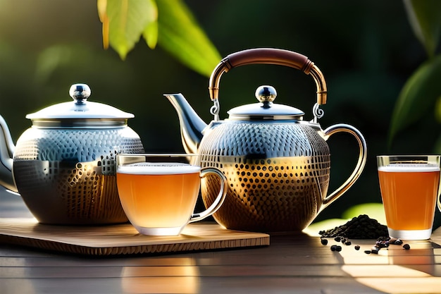 teiera e teiera su un tavolo con una tazza di tè