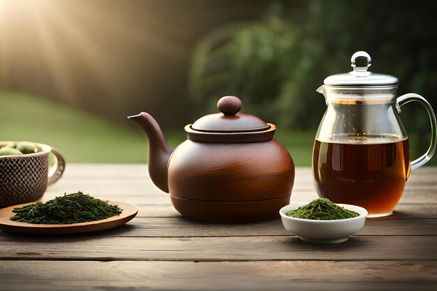 teiera e teiera su un tavolo di legno con ciotole di tè e ciotole di tè.