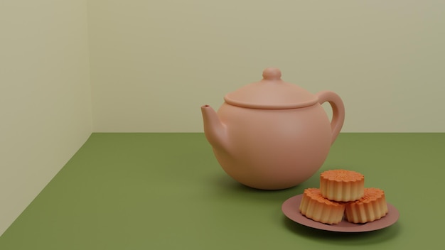 Teiera in ceramica marrone cinese con mooncake Sfondo a due toniConcetto di metà autunno Illustrazione del rendering 3D