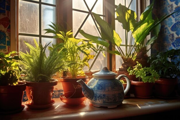 Teiera in ceramica sul davanzale illuminato dal sole con piante create con ai generativo