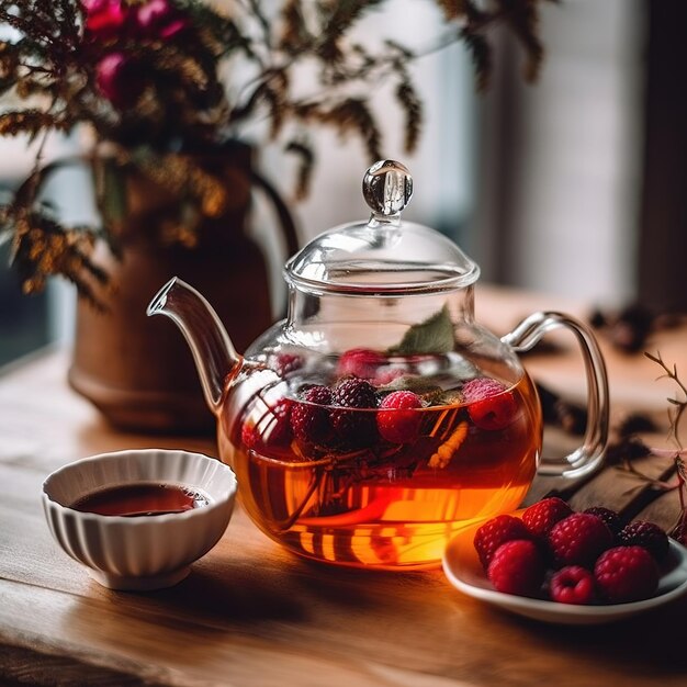 teiera in vetro liscio con tè alla frutta