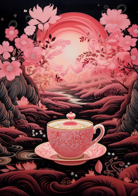 teiera sfondo rosa tè bevanda bevanda design tazza fiore colazione bianca isolata con