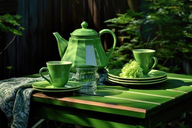 Teiera verde su un tavolo da picnic con piatti e tazze di plastica