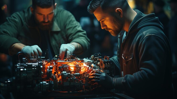Teknisi memperbaiki motor mobil