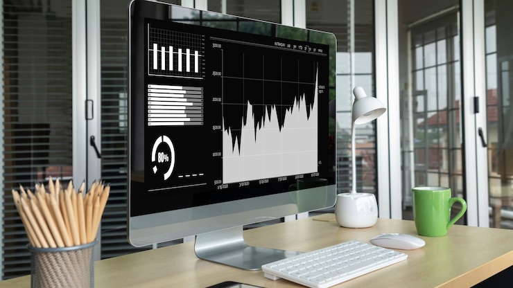 Photo teknologi analisis data visual bisnis oleh perangkat lunak komputer kreatif