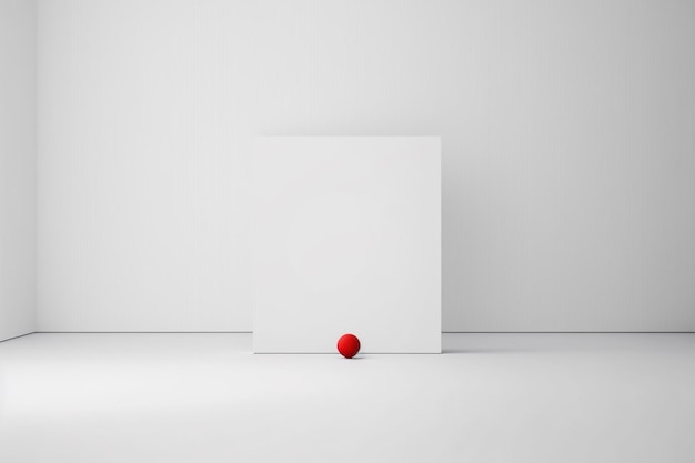 Tela bianca minimalista su parete di fondo bianca e palla rossa IA generativa