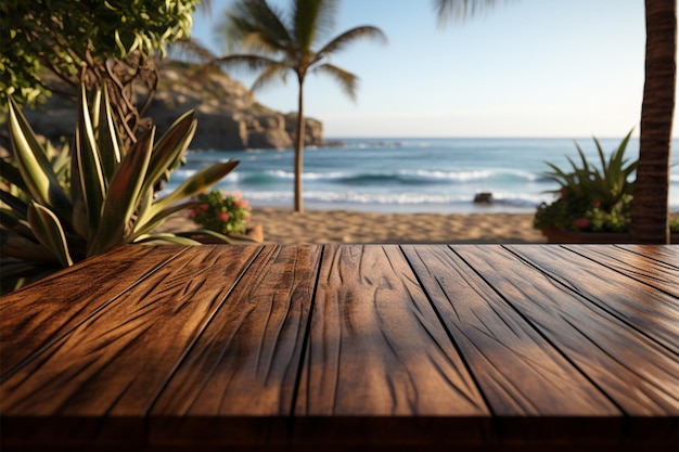 tela costiera sfocata pavimento in legno pronto per la mostra di prodotti contro lo scenario della spiaggia