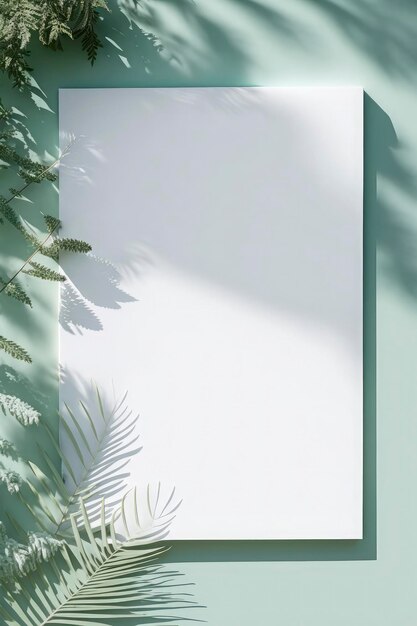 Tela da disegno bianca vuota su superficie color menta con foglie di palma piante domestiche e morbide ombre floreali