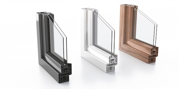 Telai metallici in alluminio PVC con due vetri isolati su sfondo bianco illustrazione 3D