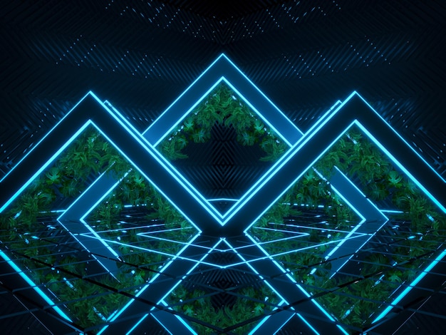 Telaio a triangolo rettangolo con Naturel a destra per la visualizzazione del prodotto Rendering 3d di sfondo futuristico astratto luce blu neon