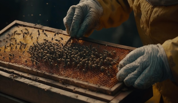 Telaio dell'alveare delle api che raccoglie l'intelligenza artificiale generativa del miele