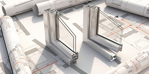 Telaio per finestra in alluminio PVC con due vetri sullo sfondo del disegno illustrazione 3D