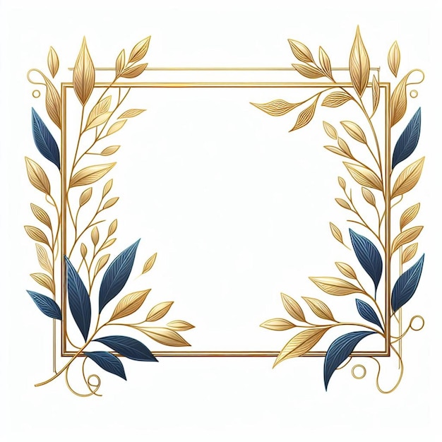 telaio rettangolare sottile vettoriale d'oro con foglie blu