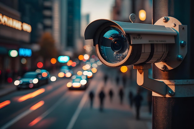 Telecamera CCTV o sorveglianza operante su strade e edifici di notte Rete neurale generata dall'intelligenza artificiale