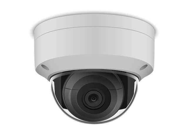 Telecamera CCTV rotonda bianca su sfondo bianco