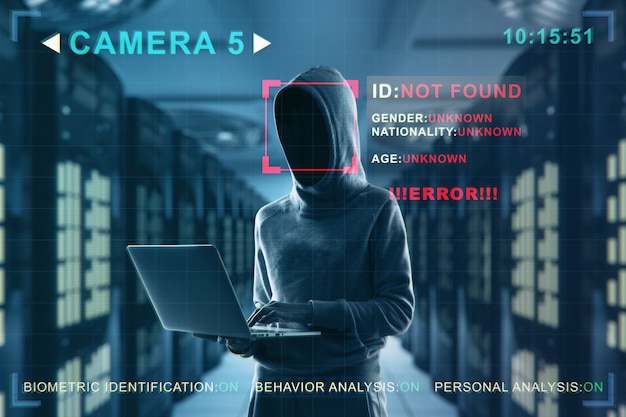 Telecamera di sicurezza che non riconosce l'hacker in felpa con cappuccio che utilizza il laptop in una sala server sfocata interna Scansione ID furto di dati e concetto di cctv Doppia esposizione