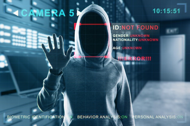 Telecamera di sicurezza che non riconosce l'hacker in felpa con cappuccio in piedi in una sala server sfocata interna ID scansione furto di dati e concetto cctv Doppia esposizione