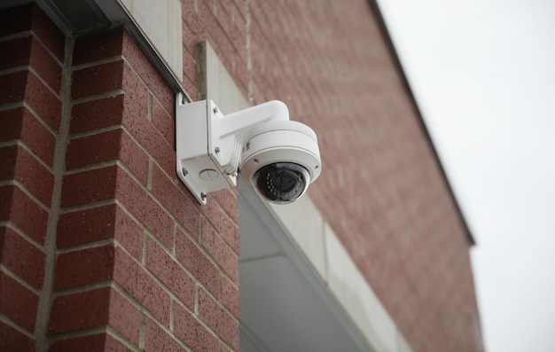 Telecamera di sicurezza montata su un edificio che si affaccia su una strada trafficata mentre telecamera a bordo strada su un palo