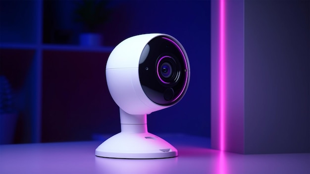 telecamera di sicurezza portatile di colore bianco contro una superficie scura alla luce al neon