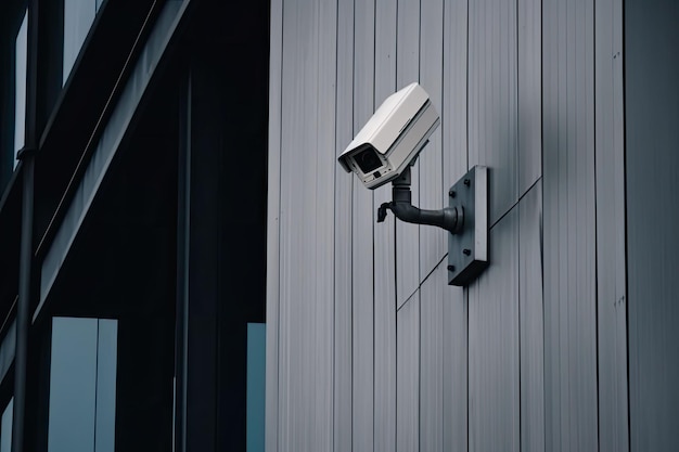 Telecamera di sicurezza su edificio moderno TVCC sul muro della città IA generativa