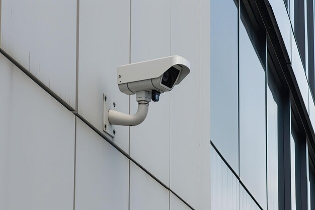 Telecamera di sicurezza su edificio moderno TVCC sul muro della città IA generativa