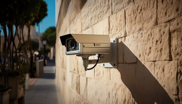 Telecamera di sorveglianza incorporata nel muro di pietra dell'edificio