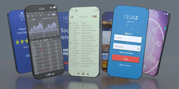 Telefoni cellulari che volano su sfondo grigio Vari schermi smartphone illustrazione 3d