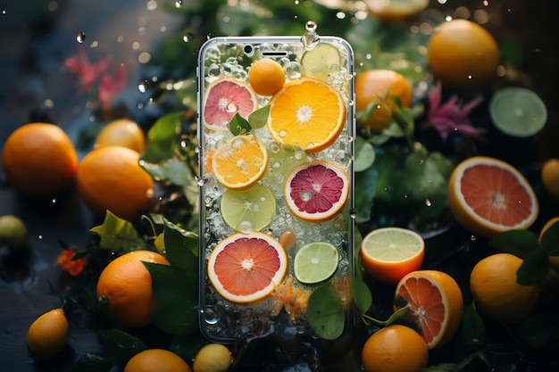 Telefono a tema agrumi con intelligenza artificiale generativa dell'immagine arancione