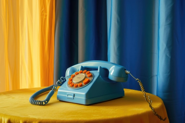 Telefono blu con pulsanti arancione sul tavolo su sfondo giallo e tenda blu