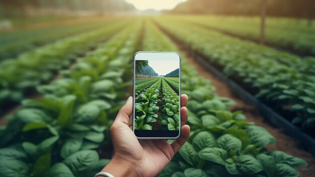 Telefono cellulare che tiene il software di gestione dell'azienda agricola sull'agricoltura