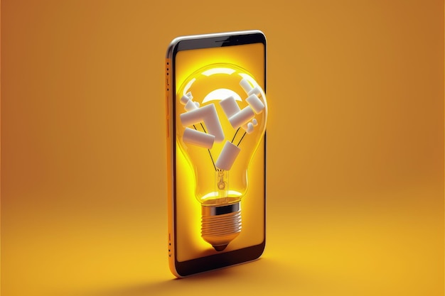 Telefono cellulare con lampadina sullo schermo Concetto di idee e creatività sfondo giallo AI