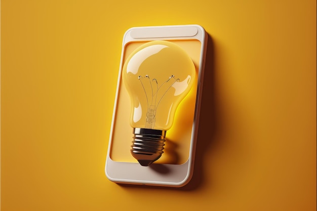 Telefono cellulare con lampadina sullo schermo Concetto di idee e creatività sfondo giallo AI