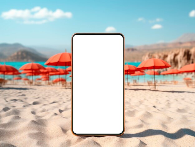 Telefono cellulare con schermo bianco sulla spiaggia sabbiosa con ombrelloni Mockup AI generativa