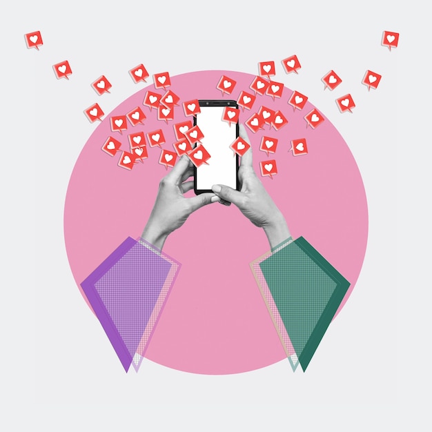 Telefono cellulare con schermo bianco vuoto con simboli simili dai social network nelle mani nelle maniche